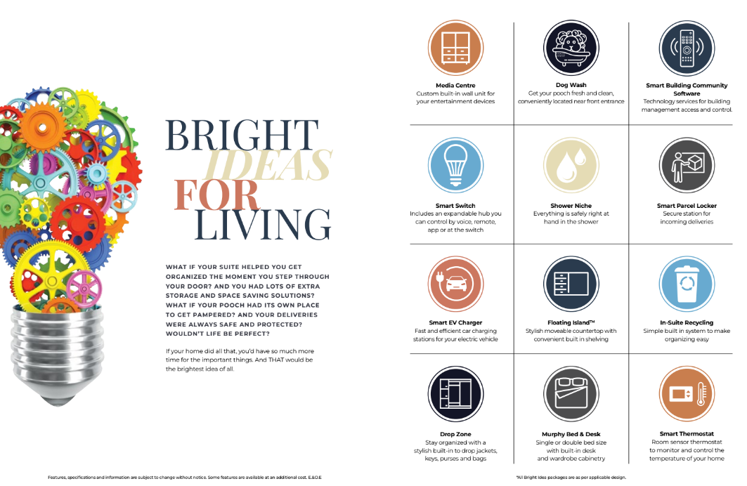 Illustration of a lightbulb filled with colorful gears next to the text "Bright Ideas for Living." On the right, discover innovative features like Media Centre, Dog Wash, and Smart Tech for better living. Perfect inspiration for those exploring new homes in Brampton or new condos in the GTA.