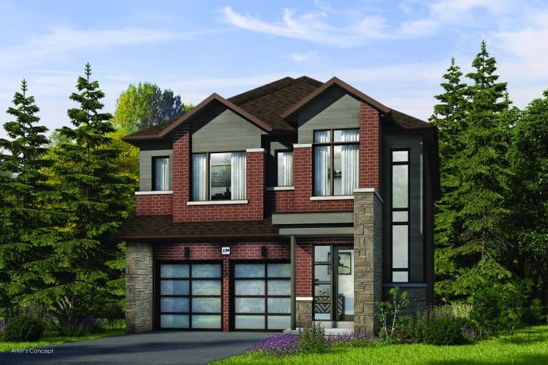 A two-story modern house with a mix of brick and stone facade, large windows, and a double garage. Nestled among tall green trees under a blue sky, it embodies the essence of Oakridge Green Homes in prime real estate.