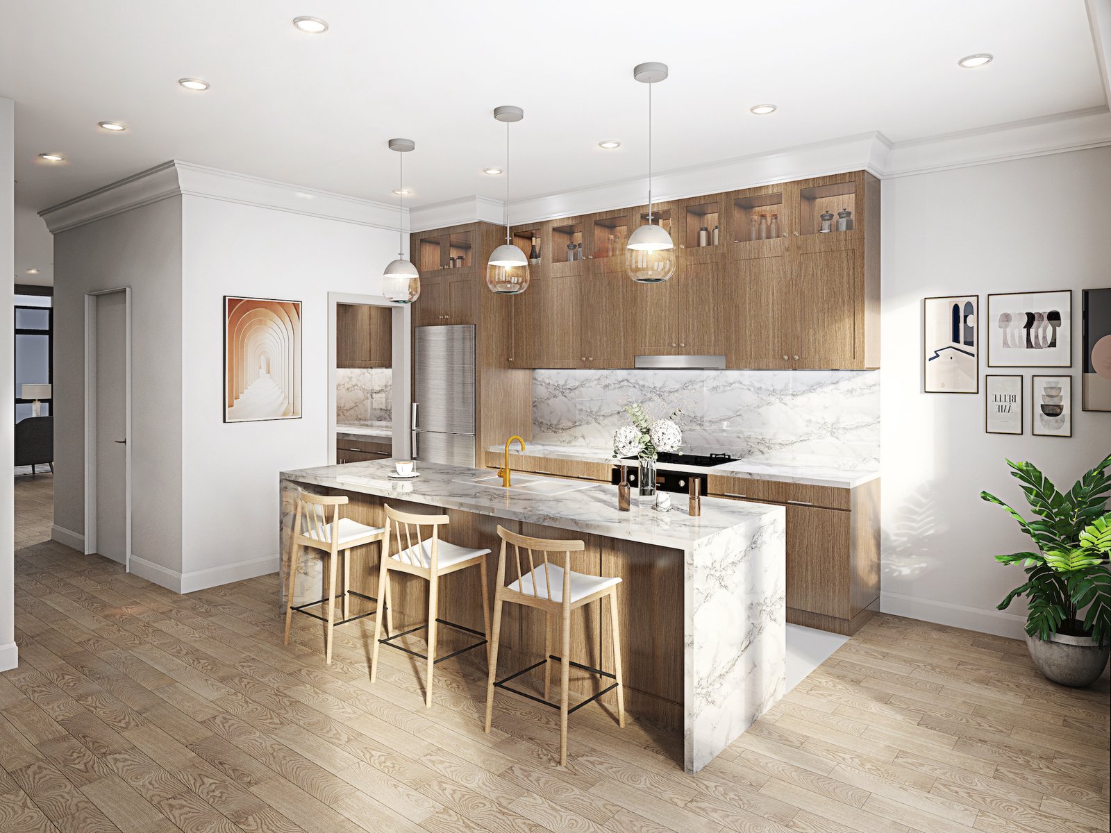 A modern kitchen in new condos in GTA features wooden cabinets and marble countertops. Three pendant lights hang above a large island with seating for three. Stainless steel appliances and framed artwork adorn the walls, while a potted plant sits in the corner. A modern kitchen in new condos in GTA features wooden cabinets and marble countertops. Three pendant lights hang above a large island with seating for three. Stainless steel appliances and framed artwork adorn the walls, while a potted plant sits in the corner.