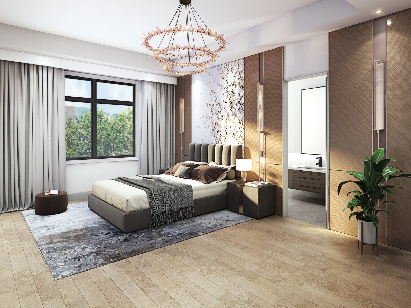 A spacious bedroom with a modern design features a large bed, patterned rug, and leafy plant. Neutral-colored walls complement the large window with curtains, while a contemporary chandelier adds elegance. An open door reveals a glimpse of the bathroom. Ideal for those seeking new homes in GTA. A spacious bedroom with a modern design features a large bed, patterned rug, and leafy plant. Neutral-colored walls complement the large window with curtains, while a contemporary chandelier adds elegance. An open door reveals a glimpse of the bathroom. Ideal for those seeking new homes in GTA.