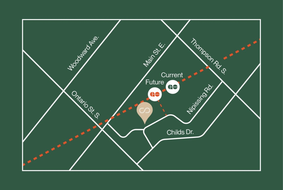 The map highlights streets with "Current" and "Future" locations marked for new homes. Streets include Woodward Ave., Main St. E., Thompson Rd. S., Ontario St. S., Nipissing Rd., and Childs Dr. A dashed red line cuts diagonally across the map, indicating key areas for pre-construction homes.