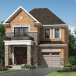 This charming two-story brick house by Mattamy Homes features a gabled roof, attached garage, and inviting front porch. Nestled in the lush surroundings of Seaton Whitevale, its driveway leads to an enchanting entrance under a picturesque blue sky.