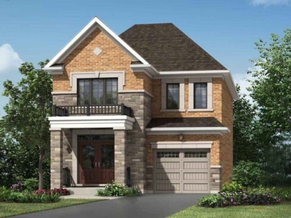 This charming two-story brick house by Mattamy Homes features a gabled roof, attached garage, and inviting front porch. Nestled in the lush surroundings of Seaton Whitevale, its driveway leads to an enchanting entrance under a picturesque blue sky.