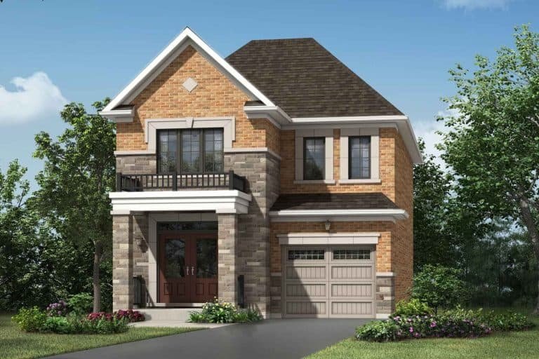 This charming two-story brick house by Mattamy Homes features a gabled roof, attached garage, and inviting front porch. Nestled in the lush surroundings of Seaton Whitevale, its driveway leads to an enchanting entrance under a picturesque blue sky.