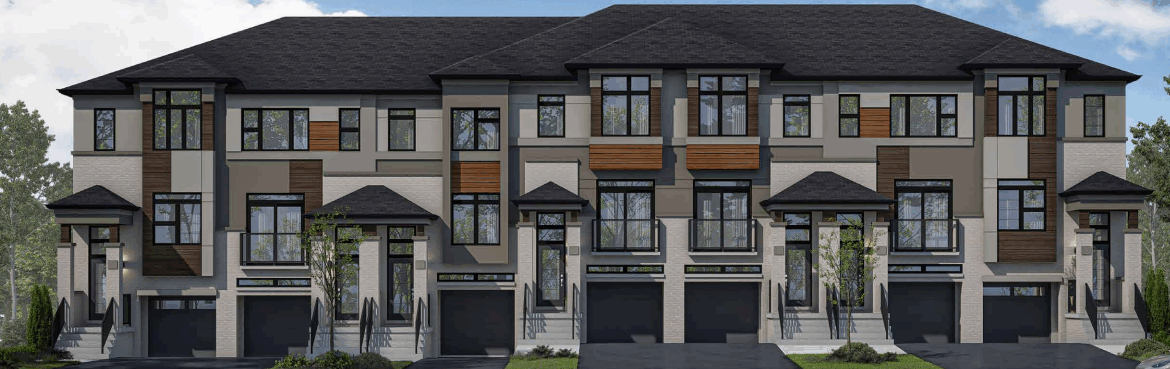 A row of new homes in Brampton with a blend of beige, gray, and wood panel exteriors. Each unit features large windows, a black shingled roof, and attached garages. The surrounding area is adorned with lush greenery under a clear blue sky.