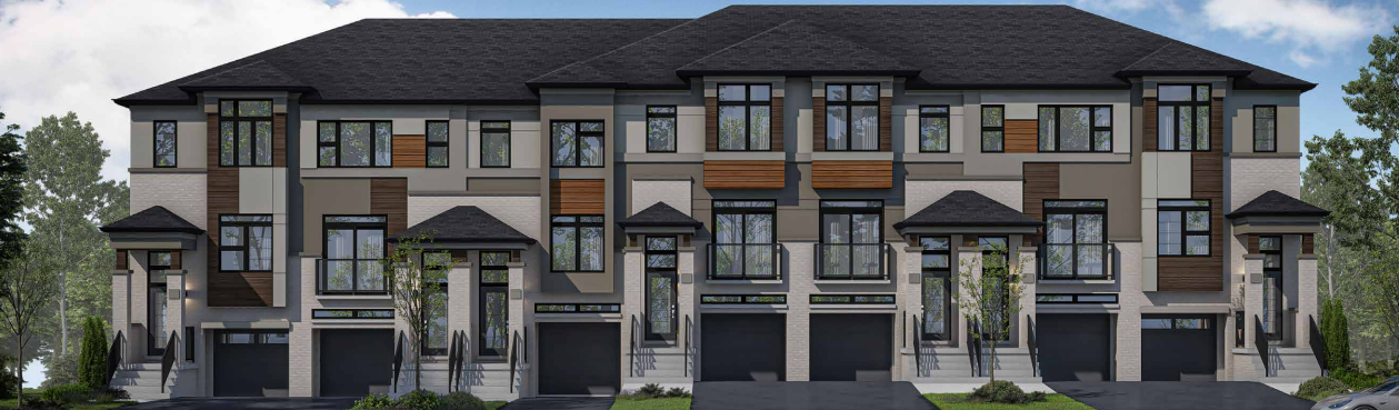 A row of new homes in Brampton with a blend of beige, gray, and wood panel exteriors. Each unit features large windows, a black shingled roof, and attached garages. The surrounding area is adorned with lush greenery under a clear blue sky. A row of new homes in Brampton with a blend of beige, gray, and wood panel exteriors. Each unit features large windows, a black shingled roof, and attached garages. The surrounding area is adorned with lush greenery under a clear blue sky.