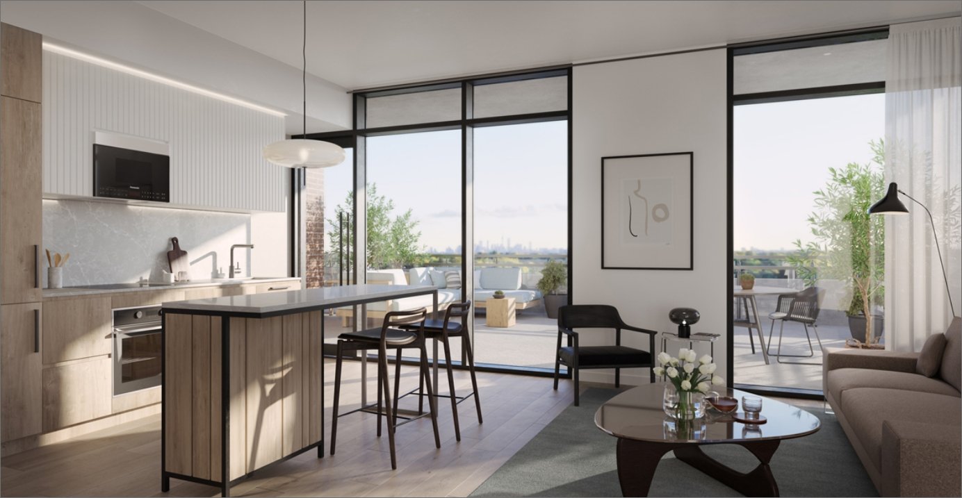 Discover a modern open-concept living space featuring a kitchen island with stools, a cozy sofa, and a coffee table. Large windows lead to a balcony offering breathtaking city views. The decor includes captivating wall art and lush potted plants, perfect for those exploring new condos in the GTA.