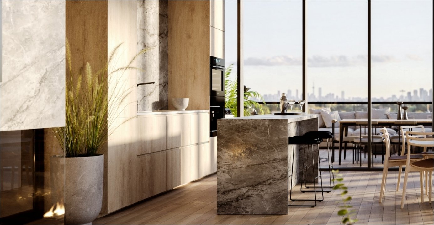 A modern kitchen features marble countertops and wood cabinetry, complemented by a potted plant. Large windows reveal stunning city skyline views. An adjacent dining area with wooden chairs and table completes this bright and open atmosphere, perfect for new homes in Brampton.