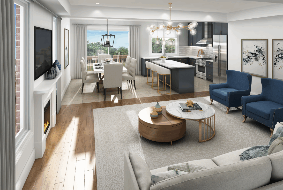 Discover the allure of new homes in Toronto with a modern open-plan living and dining area featuring a fireplace, wall-mounted TV, and elegant seating. The sleek kitchen island with bar stools complements the dining table by large windows, inviting natural light to illuminate the space.