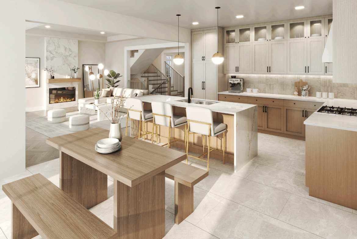 Discover the allure of new homes with a modern open-concept kitchen and living area. Enjoy light wood cabinets, marble countertops, elegant pendant lights, and a spacious island with bar stools. The cozy living space features a fireplace and stylish dining table with benches, perfect for gatherings.