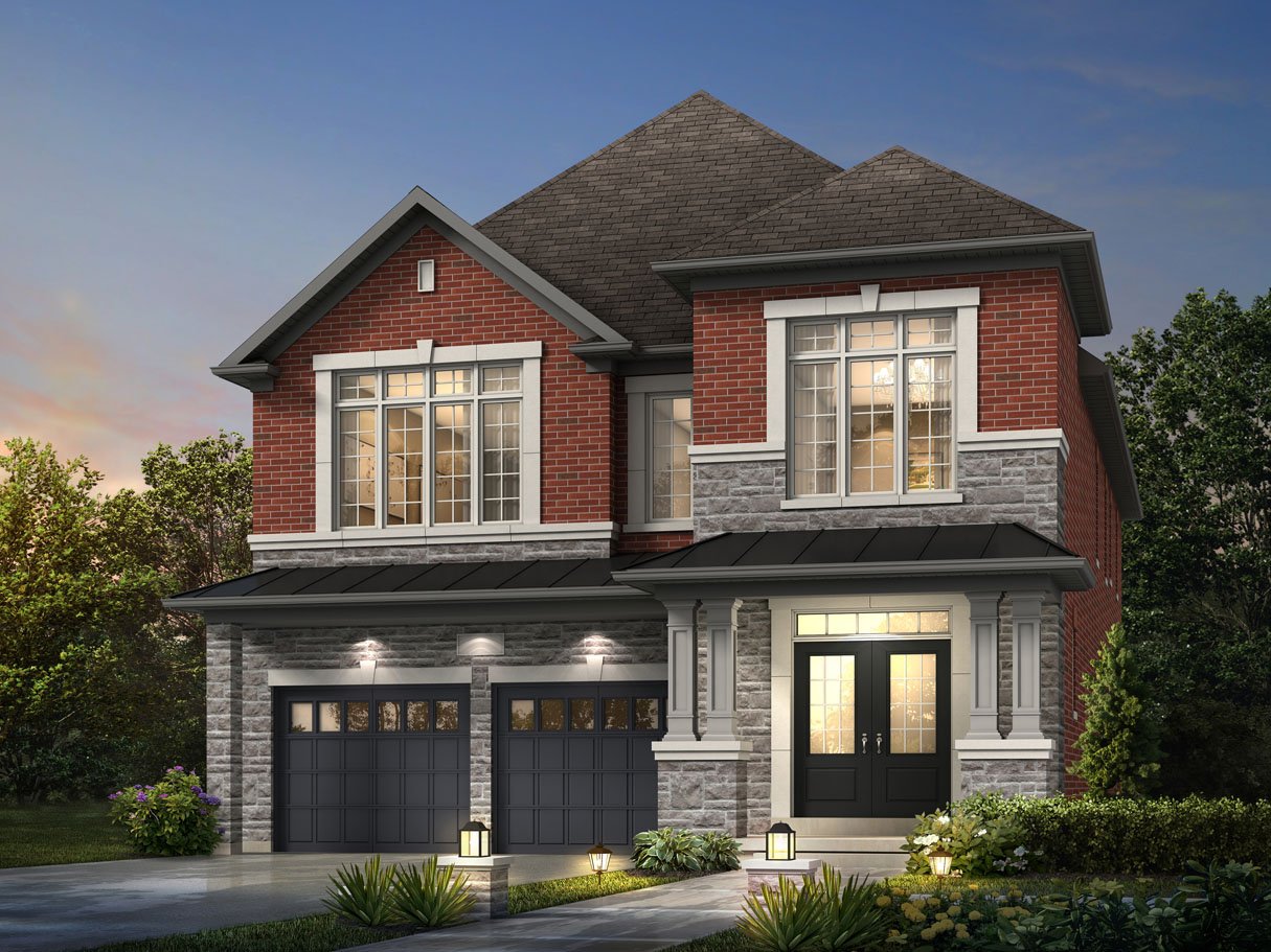 A two-story house with a red brick and gray stone exterior features two garage doors, large windows, and a welcoming porch. The landscaped front yard is adorned with shrubs and lit by small pathway lights. Perfect for those seeking new homes in Brampton, the setting is beautifully captured at dusk. A two-story house with a red brick and gray stone exterior features two garage doors, large windows, and a welcoming porch. The landscaped front yard is adorned with shrubs and lit by small pathway lights. Perfect for those seeking new homes in Brampton, the setting is beautifully captured at dusk.