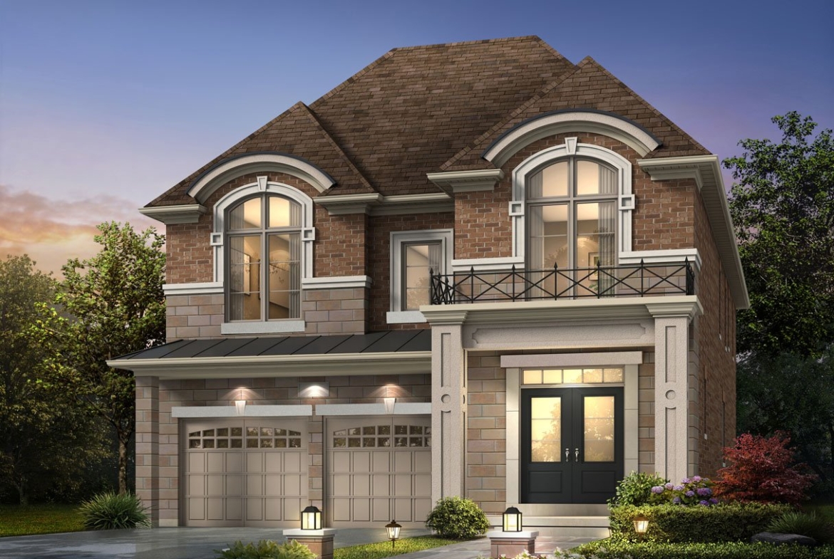 A two-story brick house with large arched windows and a front balcony stands proudly. The entrance features a dark double door, with three lit lamps lining the driveway. This elegant home is among the stunning new homes under construction in Brampton, set against a dusky blue sky hinting at sunset.