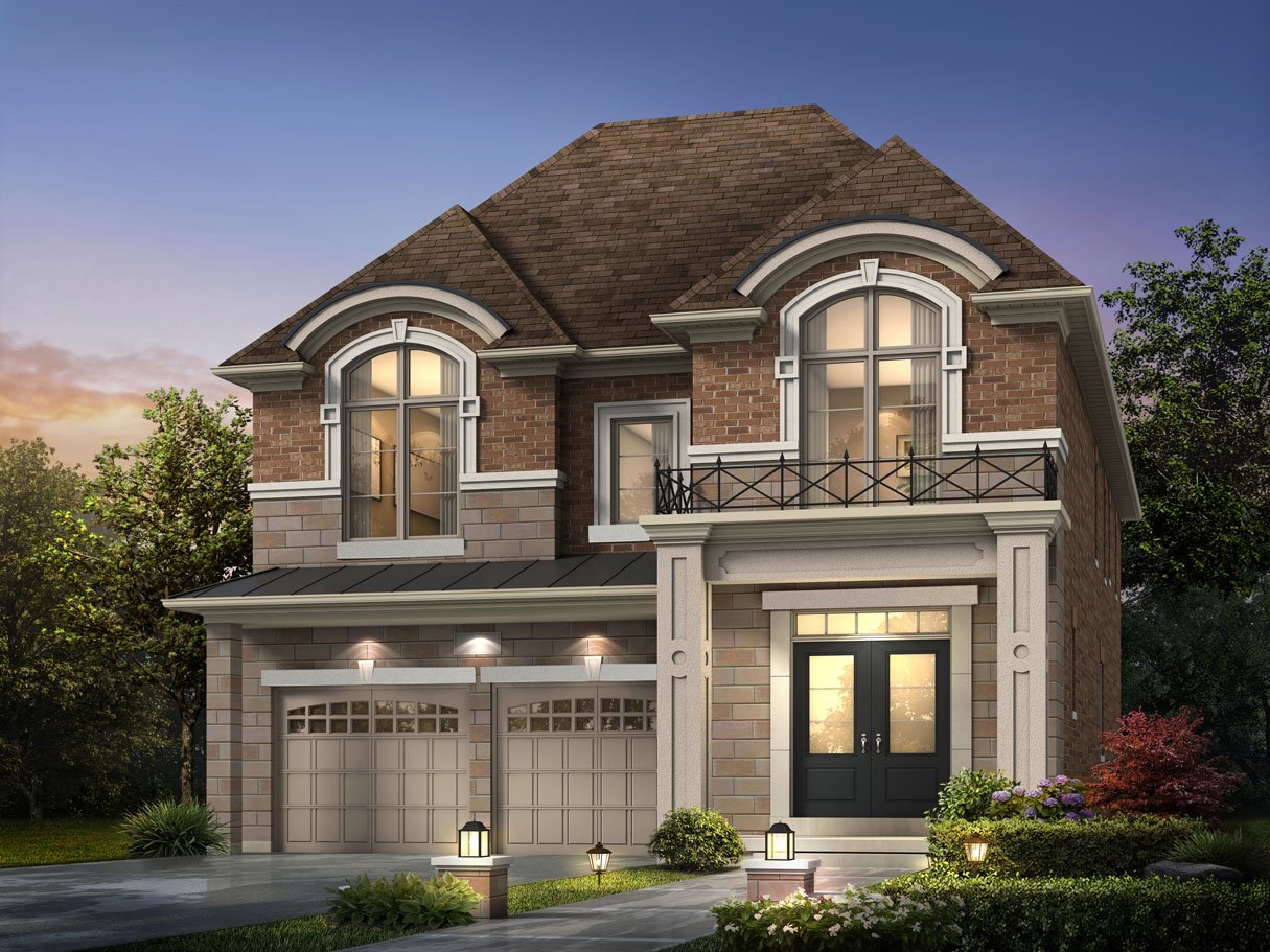 A two-story brick house with large arched windows and a front balcony stands proudly. The entrance features a dark double door, with three lit lamps lining the driveway. This elegant home is among the stunning new homes under construction in Brampton, set against a dusky blue sky hinting at sunset. A two-story brick house with large arched windows and a front balcony stands proudly. The entrance features a dark double door, with three lit lamps lining the driveway. This elegant home is among the stunning new homes under construction in Brampton, set against a dusky blue sky hinting at sunset.