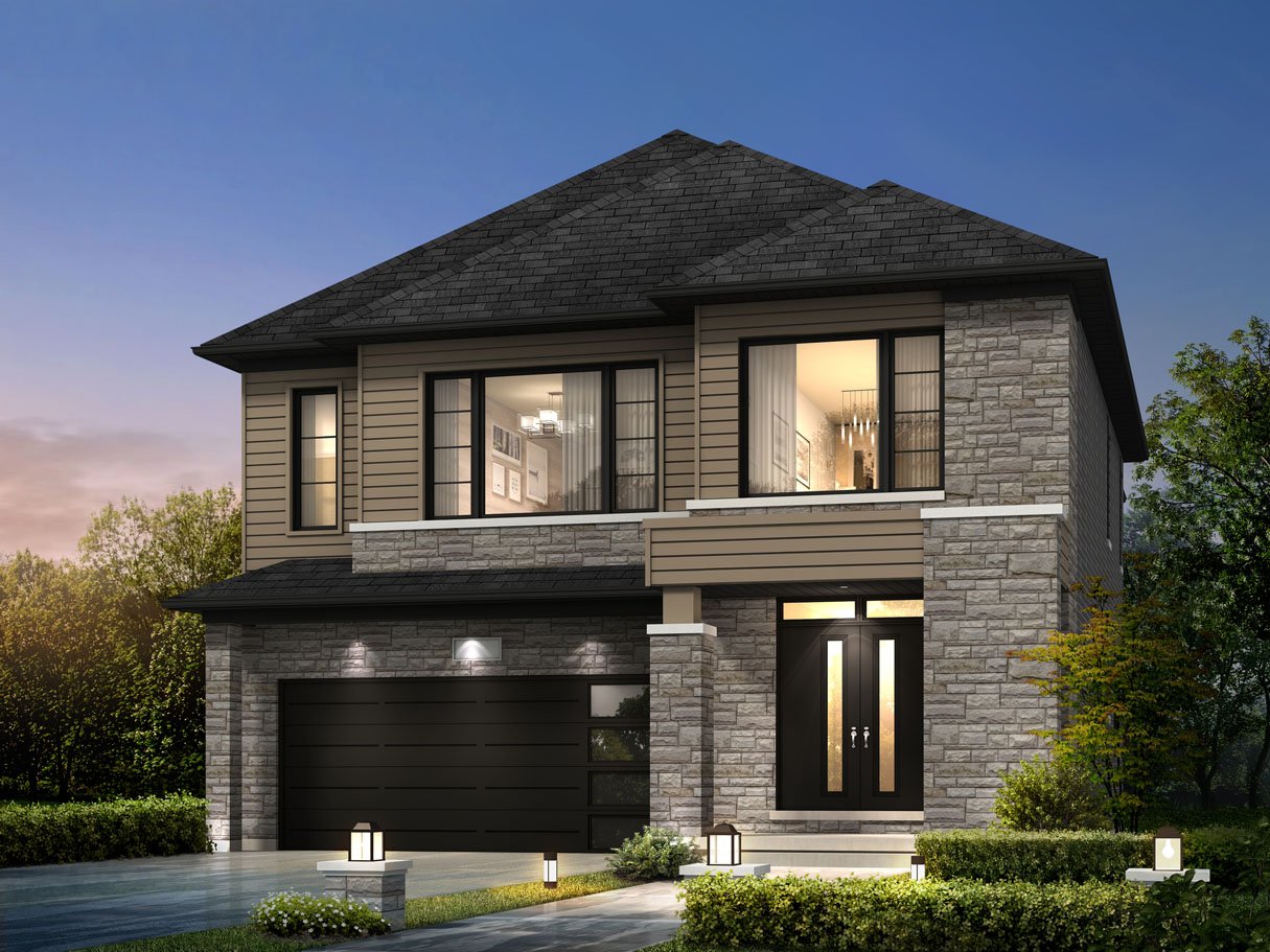 Modern two-story house with a combination of stone and siding exterior, featuring large windows and a double garage. The front yard is beautifully landscaped with bushes lit by small pathway lights. It’s dusk, and the interior glows warmly—a perfect example of new homes in Brampton. Modern two-story house with a combination of stone and siding exterior, featuring large windows and a double garage. The front yard is beautifully landscaped with bushes lit by small pathway lights. It's dusk, and the interior glows warmly—a perfect example of new homes in Brampton.