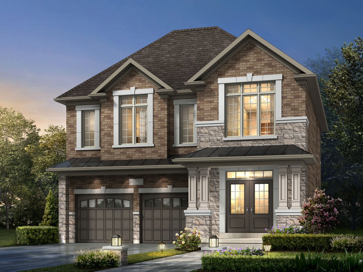 A two-story house features a brick and stone exterior, tall windows, and double garage doors. It’s surrounded by a well-maintained garden and illuminated by outdoor lights at dusk. This elegant design is representative of new homes in Brampton. A two-story house features a brick and stone exterior, tall windows, and double garage doors. It's surrounded by a well-maintained garden and illuminated by outdoor lights at dusk. This elegant design is representative of new homes in Brampton.