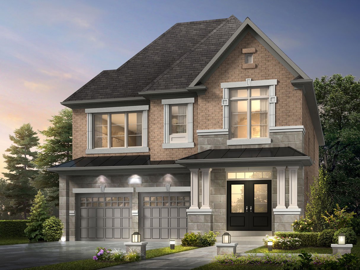 A two-story house with a triangular roof, large windows, and a brick facade, located among new homes in Brampton. It features a double garage and a well-lit entrance. The landscaped front yard has bushes and small flowers, with pathway lights leading to the door. A two-story house with a triangular roof, large windows, and a brick facade, located among new homes in Brampton. It features a double garage and a well-lit entrance. The landscaped front yard has bushes and small flowers, with pathway lights leading to the door.