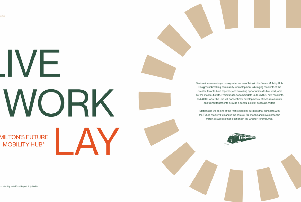 Discover Milton's Future Mobility Hub with its strategic location and excellent connectivity. The text-heavy image highlights "Live Work Play" alongside a stylized circular graphic and logo at the bottom. Explore opportunities with new homes in Toronto for a seamless blend of modern living and innovation.