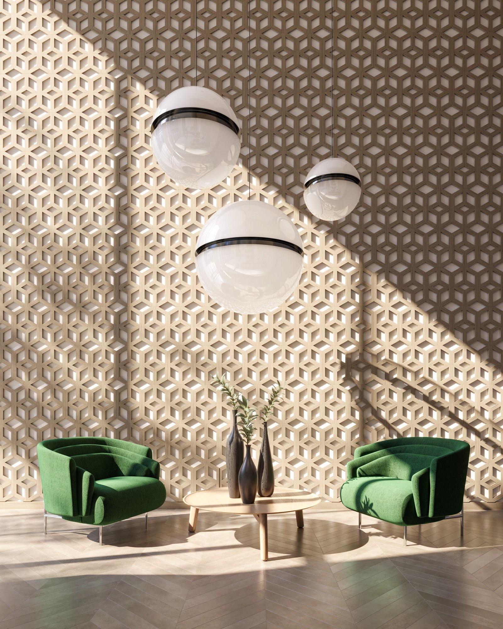 A modern interior with two green armchairs and a round wooden table adorned with vases. Large spherical pendant lights hang from the ceiling against a geometric patterned wall. Sunlight casts shadows, creating a warm and inviting atmosphere, perfect for envisioning new homes in Toronto.