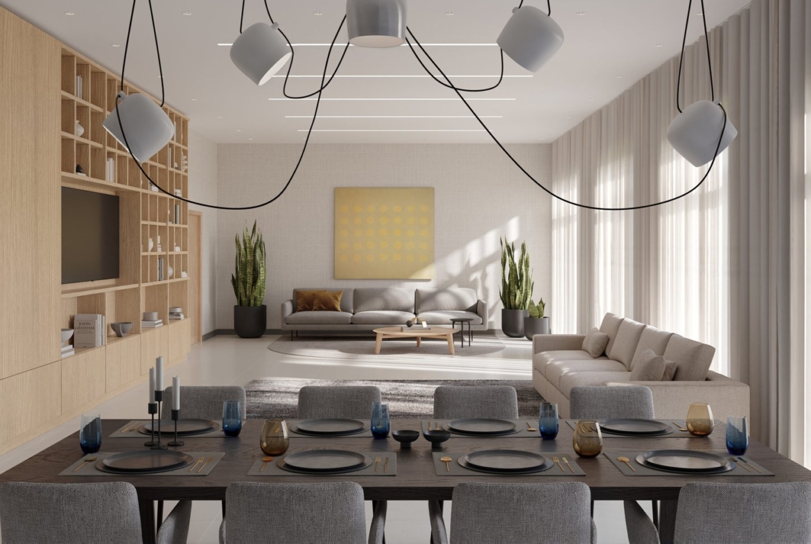 Discover this contemporary living and dining room, perfect for new homes in Toronto. A spacious table set for eight complements the beige sectional sofa, built-in wooden shelving with a TV, tall plants, and a striking painting. Large windows with sheer curtains invite an abundance of natural light.