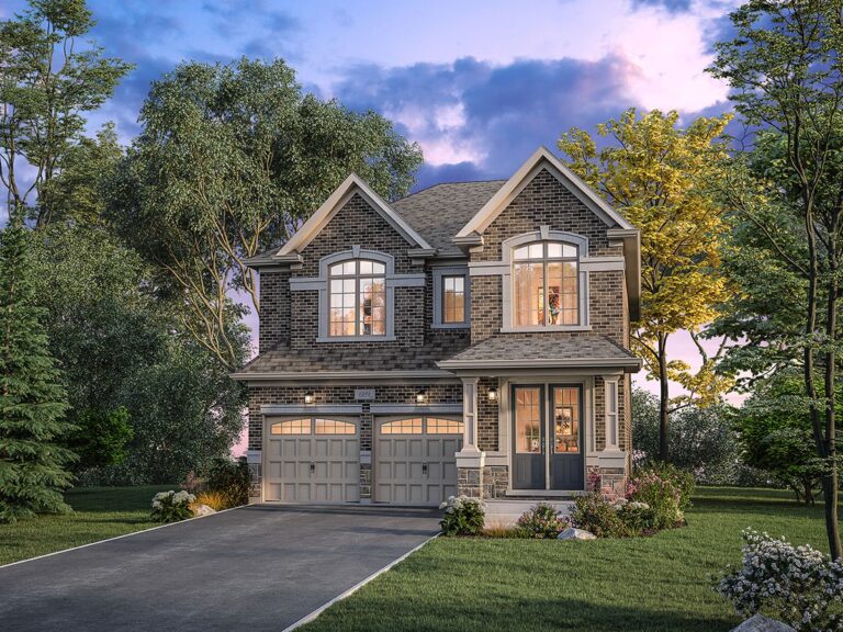 A two-story brick house with large windows and a double garage sits peacefully among trees and a well-manicured lawn, reflecting the charm of living in Stouffville. The sky, a blend of blue and pink hues, suggests early evening as the driveway leads directly to the spacious garage.