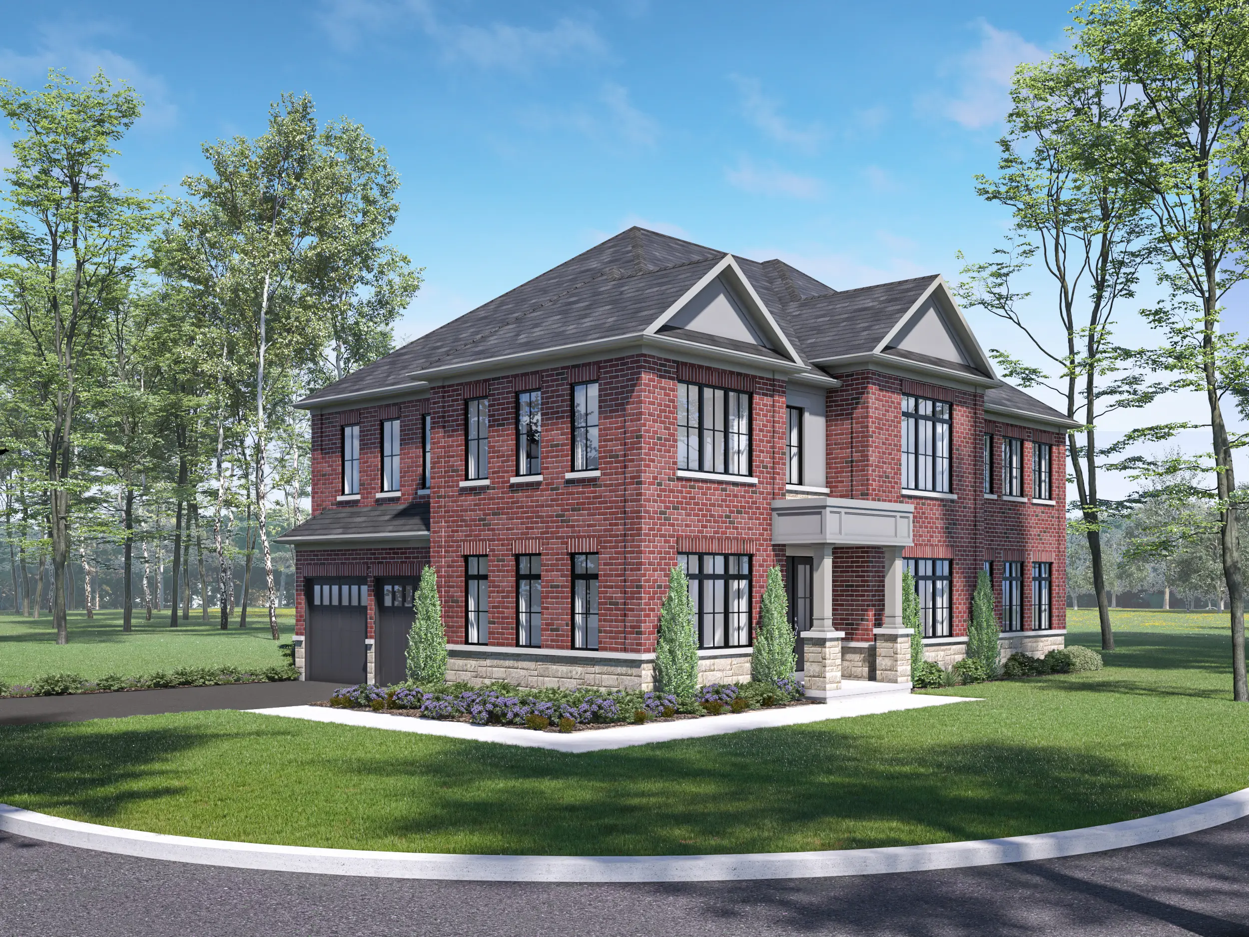 A two-story red brick house with large windows is surrounded by a green lawn and trees. The property boasts a dark gray roof, a small garden with shrubs, and a driveway. This picturesque setting is similar to the emerging new homes in Brampton, reflecting modern design on a clear sunny day. A two-story red brick house with large windows is surrounded by a green lawn and trees. The property boasts a dark gray roof, a small garden with shrubs, and a driveway. This picturesque setting is similar to the emerging new homes in Brampton, reflecting modern design on a clear sunny day.