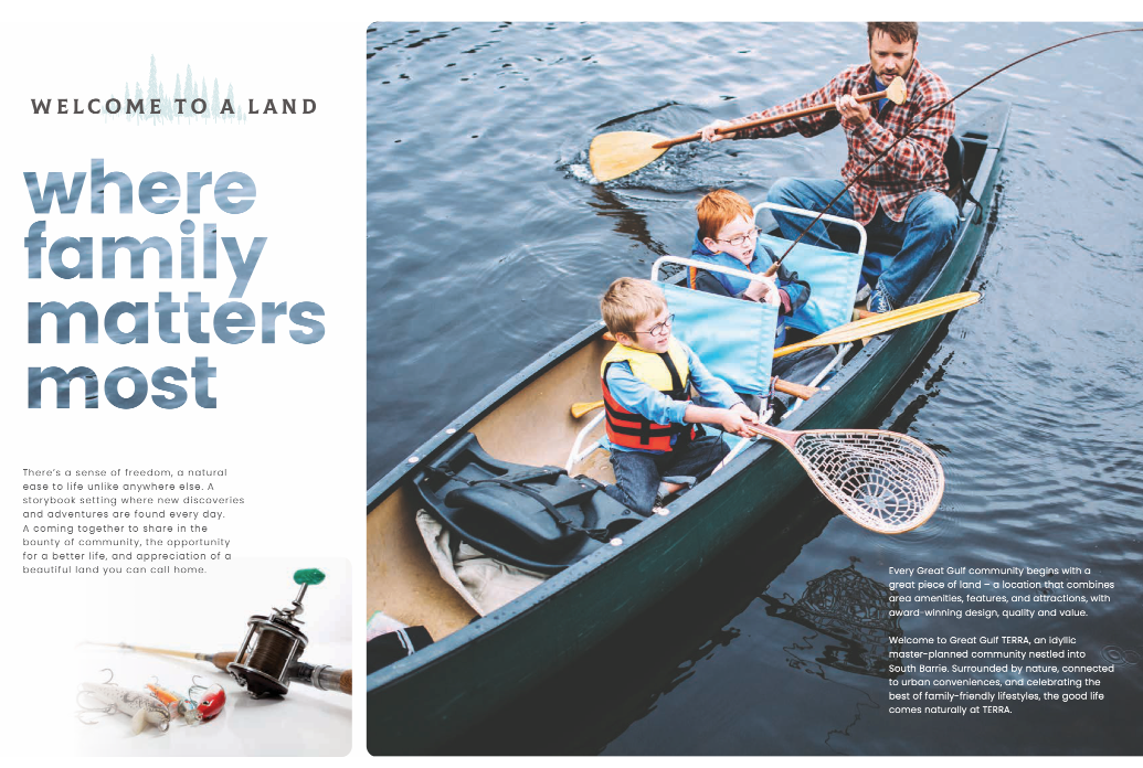 A family of four in a canoe, fishing on a lake. A child proudly holds a net with a fish, while an adult rows. Text on the left reads "where family matters most," highlighting new homes in Brampton within the vibrant Great Gulf community.