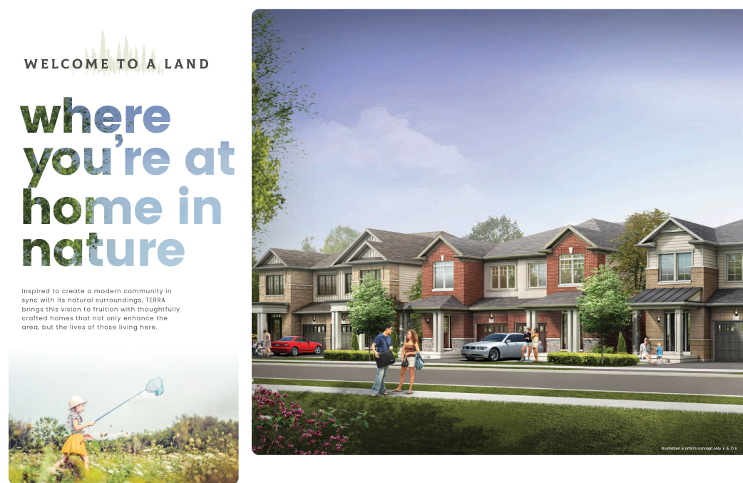 A picturesque suburban street with rows of modern townhouses, surrounded by green lawns and trees under a clear blue sky. In the foreground, a person walks on the sidewalk. The text reads "where you're at home in nature," highlighting new homes in Brampton for those looking to settle in serene spaces.
