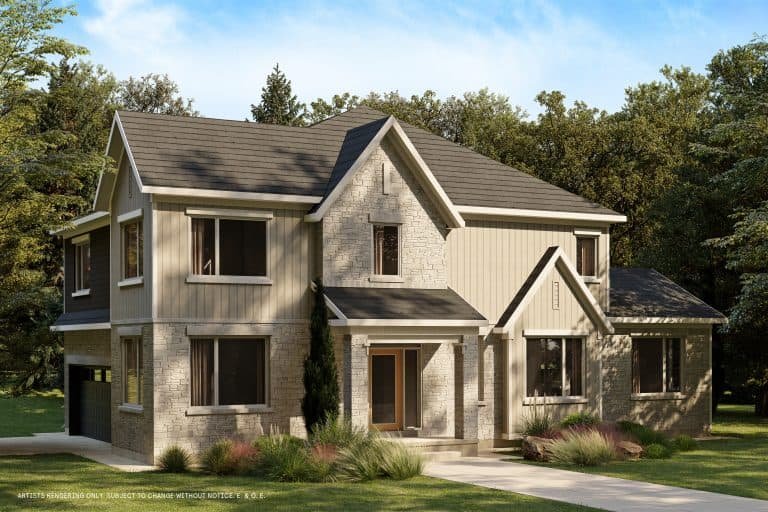 A two-story house with a modern design features a stone facade and large windows. Surrounded by a grassy lawn and trees maintained by an ecological conservancy, sunlight casts shadows across the front. The sky is clear, suggesting a bright day.
