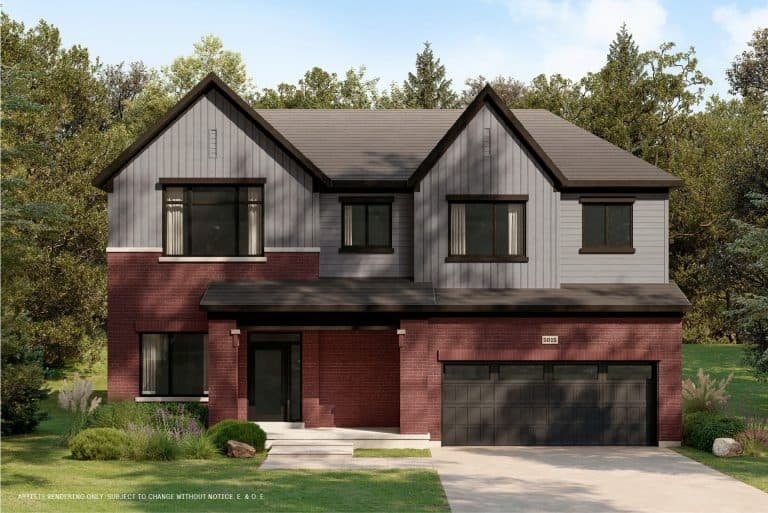 A modern two-story house with red brick and gray siding, featuring large windows and a double garage. The property is nestled in a lush conservancy, surrounded by green grass, trees, and shrubs under a partly cloudy sky.