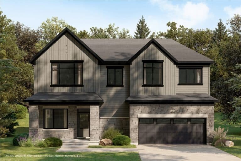 A two-story house with grey siding and a dark roof, nestled within The Conservancy. It features a double garage and black-trimmed windows, surrounded by green shrubs and trees under a blue sky.