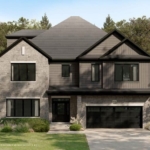 A modern two-story house in The Conservancy boasts gray brick and dark siding, with large windows and a double garage. The landscaped front yard, framed by trees, enhances the serene setting. With clear skies above, it’s a perfect day to appreciate this idyllic sanctuary.