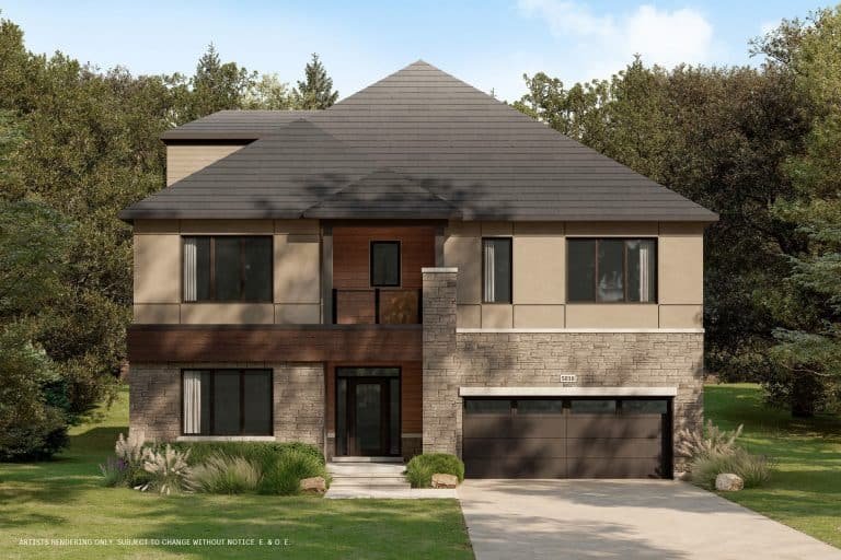 A modern two-story house with a blend of brick and stucco exterior, a dark roof, and large windows. It features a double garage and is surrounded by grass, shrubs, and trees under a clear blue sky, reflecting the surrounding conservancy's natural beauty.