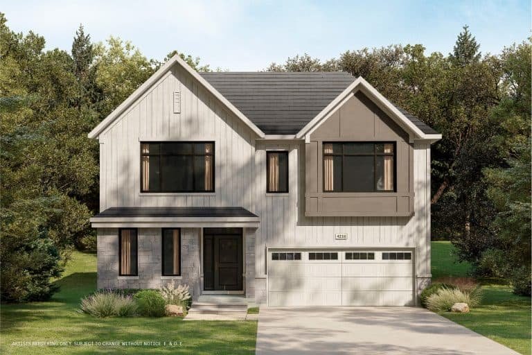 A modern two-story house with a light gray exterior, large black-framed windows, and a two-car garage. Nestled in lush greenery, the home embodies conservancy with its vertical paneling and stone facade that seamlessly blend into the natural surroundings.