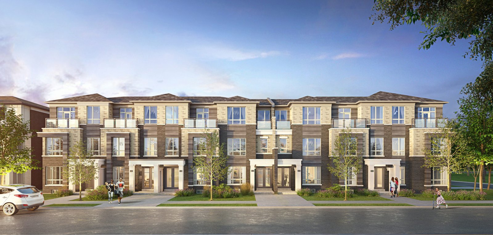 A modern row of three-story townhouses with large windows and balconies, set against a blue sky. The facade features brick and light stone accents. Trees and grass line the sidewalk, with a few people and a parked car visible. Perfect for those seeking new homes in Brampton. A modern row of three-story townhouses with large windows and balconies, set against a blue sky. The facade features brick and light stone accents. Trees and grass line the sidewalk, with a few people and a parked car visible. Perfect for those seeking new homes in Brampton.