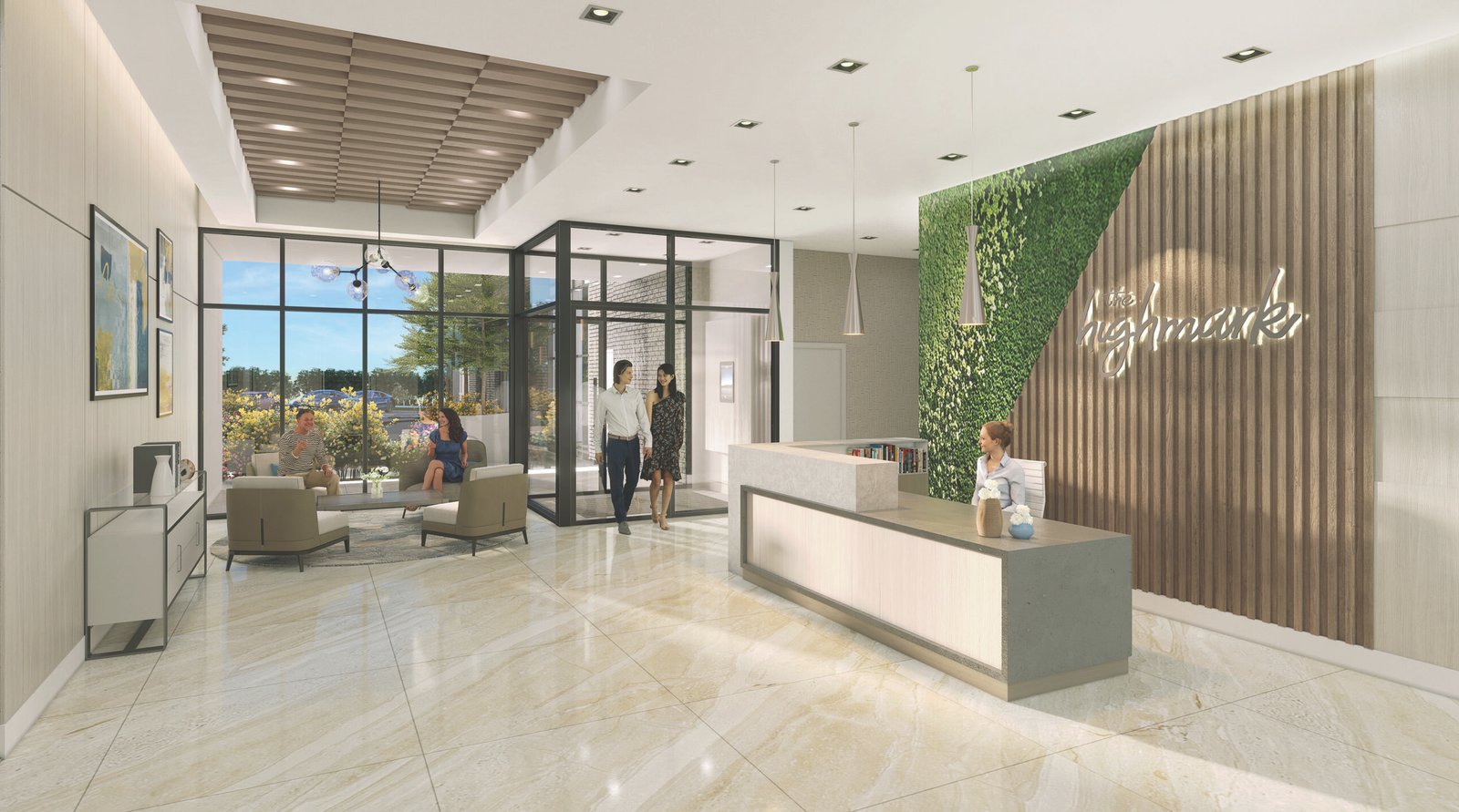 The modern office reception area features a receptionist at a desk, three individuals entering through glass doors, and two people seated on sofas. The stylish decor includes a green vertical garden and a wood accent wall with “Highmark.” It’s reminiscent of new homes in Brampton with its contemporary design. The modern office reception area features a receptionist at a desk, three individuals entering through glass doors, and two people seated on sofas. The stylish decor includes a green vertical garden and a wood accent wall with "Highmark." It's reminiscent of new homes in Brampton with its contemporary design.