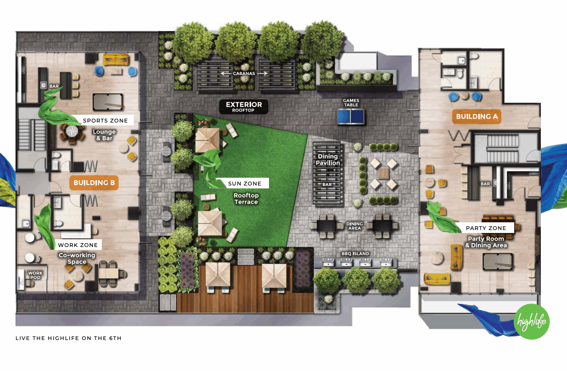 Illustrated layout of a modern rooftop terrace in new condos in GTA, showcasing a sun zone with seating and grass, sports zone with lounge and bar, co-working spaces, party zone, building entrances, and lush greenery.