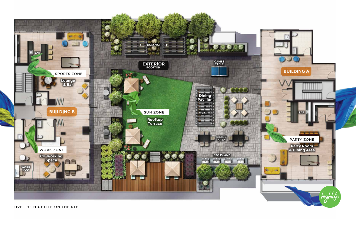 Illustrated layout of a modern rooftop terrace in new condos in GTA, showcasing a sun zone with seating and grass, sports zone with lounge and bar, co-working spaces, party zone, building entrances, and lush greenery. Illustrated layout of a modern rooftop terrace in new condos in GTA, showcasing a sun zone with seating and grass, sports zone with lounge and bar, co-working spaces, party zone, building entrances, and lush greenery.
