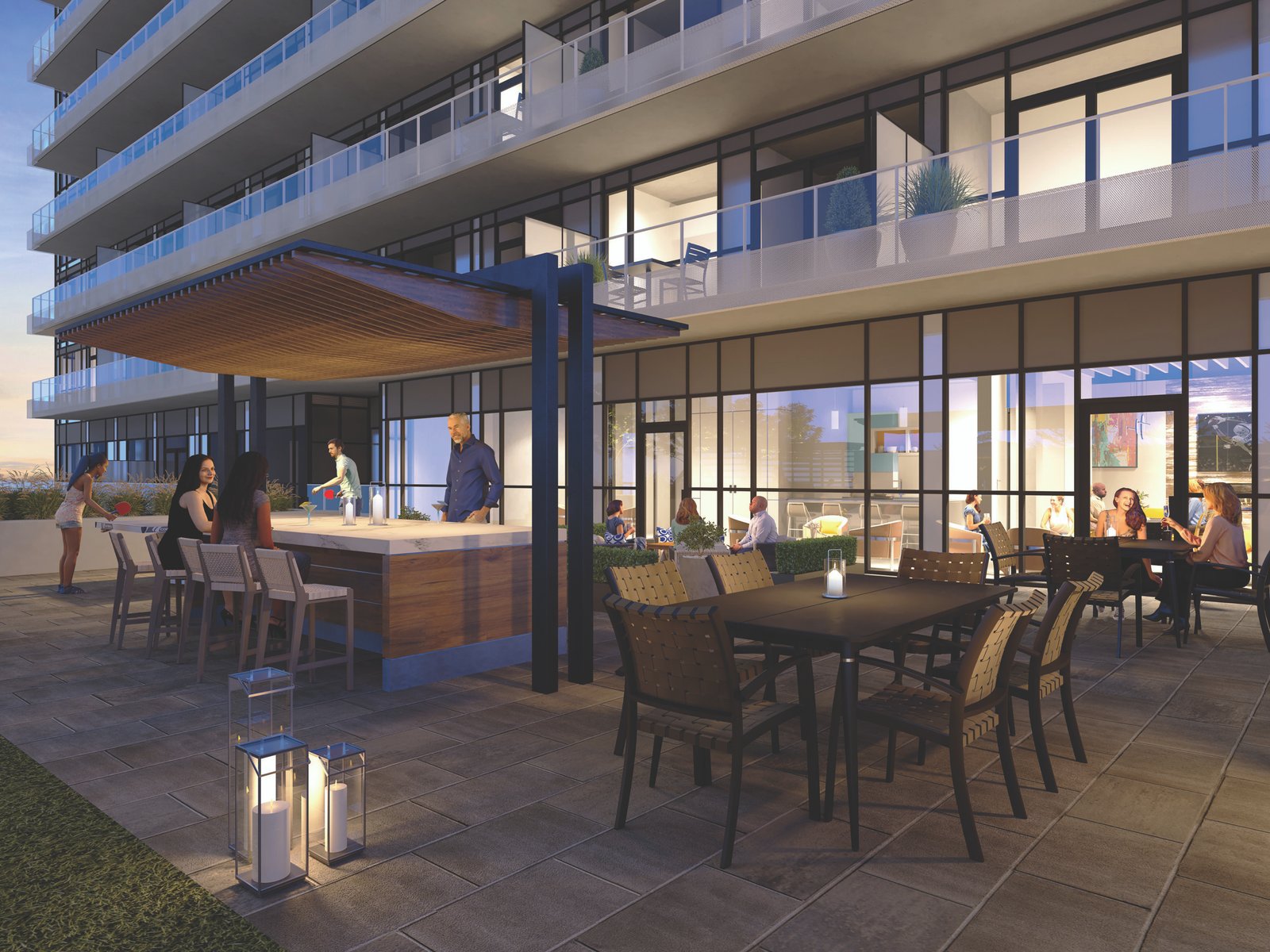 A modern outdoor patio at an apartment building with people socializing. The space features a covered bar area with stools, a dining table with chairs, and decorative lanterns. Large glass windows reveal a warmly lit interior, embodying the charm of new homes in Brampton. A modern outdoor patio at an apartment building with people socializing. The space features a covered bar area with stools, a dining table with chairs, and decorative lanterns. Large glass windows reveal a warmly lit interior, embodying the charm of new homes in Brampton.
