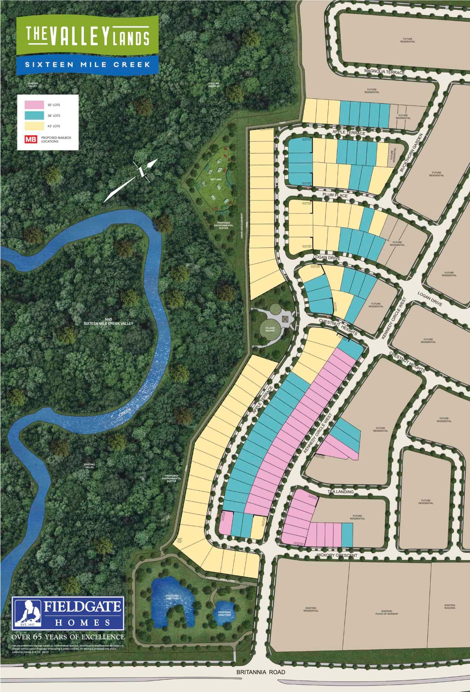 Explore the map of a residential development area by the Valleylands at Sixteen Mile Creek displaying new homes. It features vibrant plots, a creek, wooded areas, and clearly labeled roads. A Fieldgate Homes logo and a legend with plot types offer further insights.