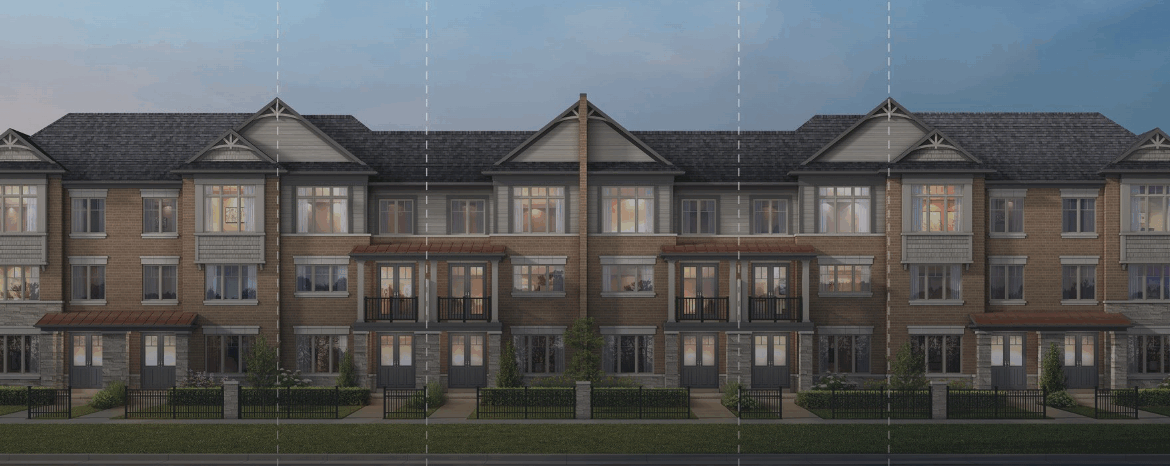 A symmetrical row of modern townhouses at dusk features large windows, brick and siding exteriors, gabled roofs, and small front gardens. Soft interior lights glow from within, enhancing the evening ambiance of these new homes. 