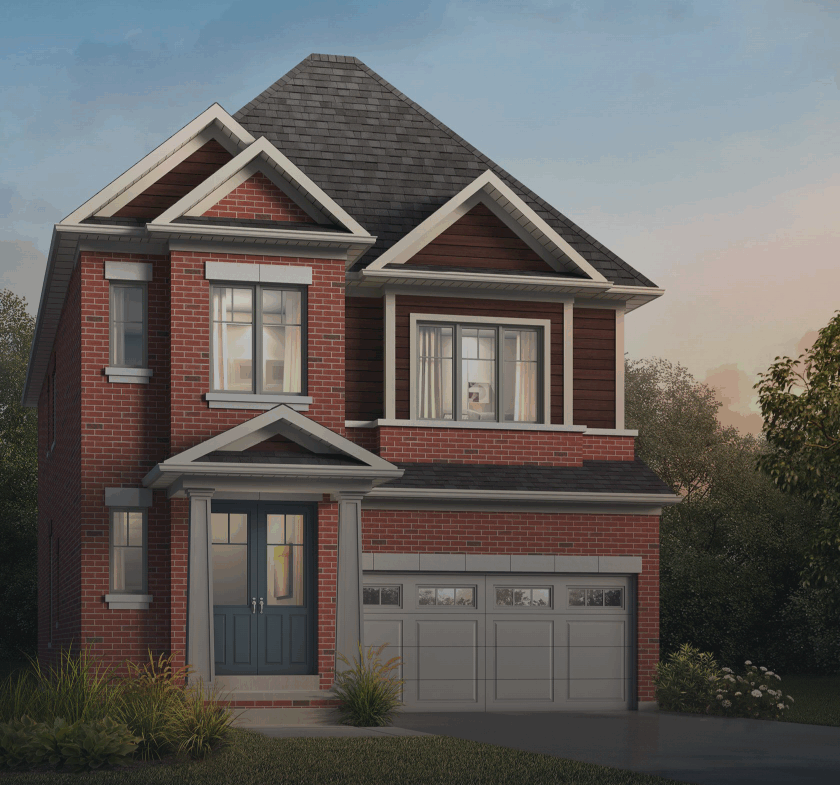 A two-story brick house with a dark gray roof and large windows features prominently, with a gray garage door complementing the design. There's a small landscaped garden in the front and trees silhouetted against the twilight sky, offering an elegant alternative to new condos in GTA.