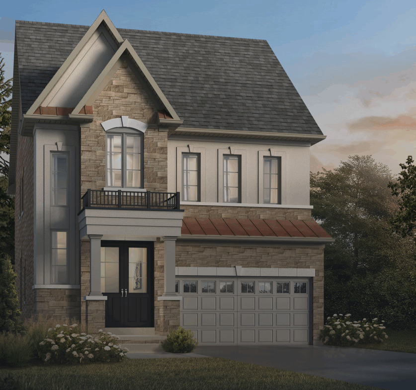 This charming two-story house features a gabled roof, a stone and stucco exterior, and an elegant black front door. The garage has two doors with a quaint balcony above. Surrounded by shrubs in the front yard, this home exudes charm reminiscent of new homes with its timeless design.