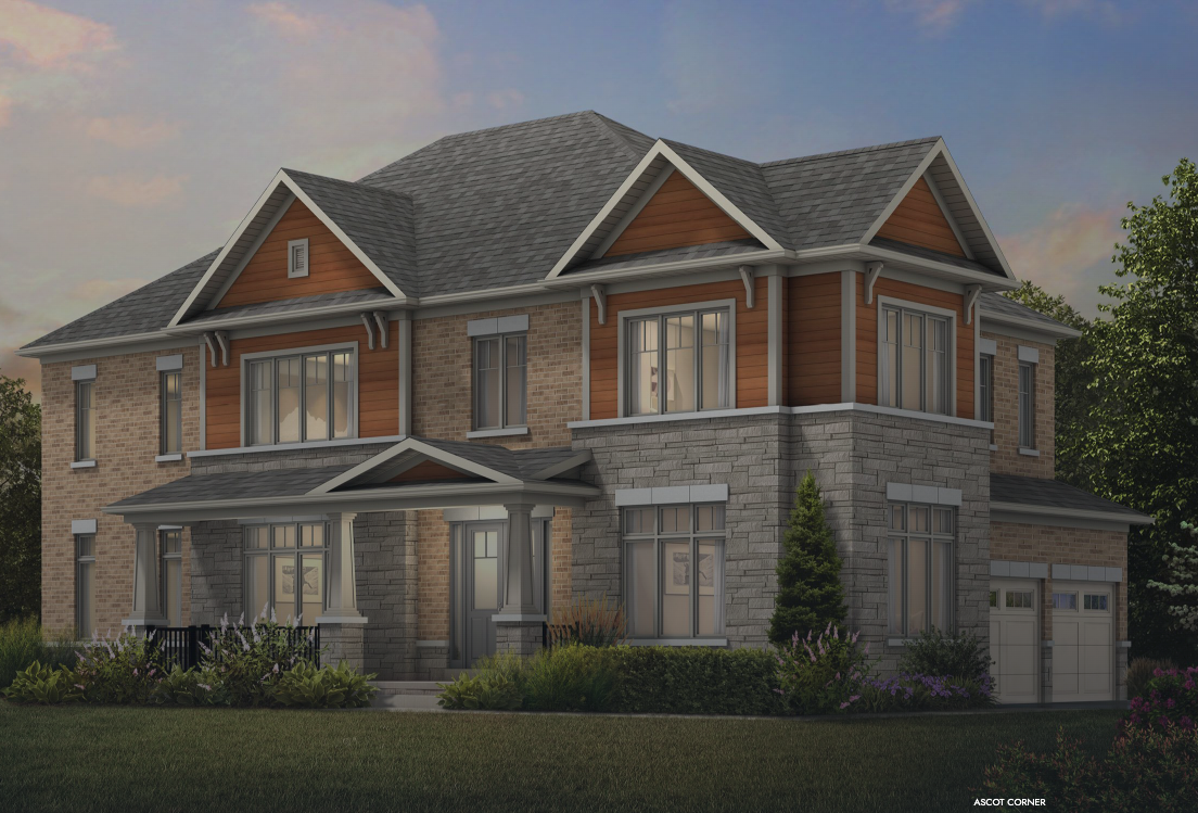 This two-story house, a gem among new homes in Brampton, boasts a mix of stone and wood siding with large windows and a charming covered entryway. The landscaped surroundings feature lush shrubs and trees, under a mostly clear sky dotted with soft, colorful clouds.