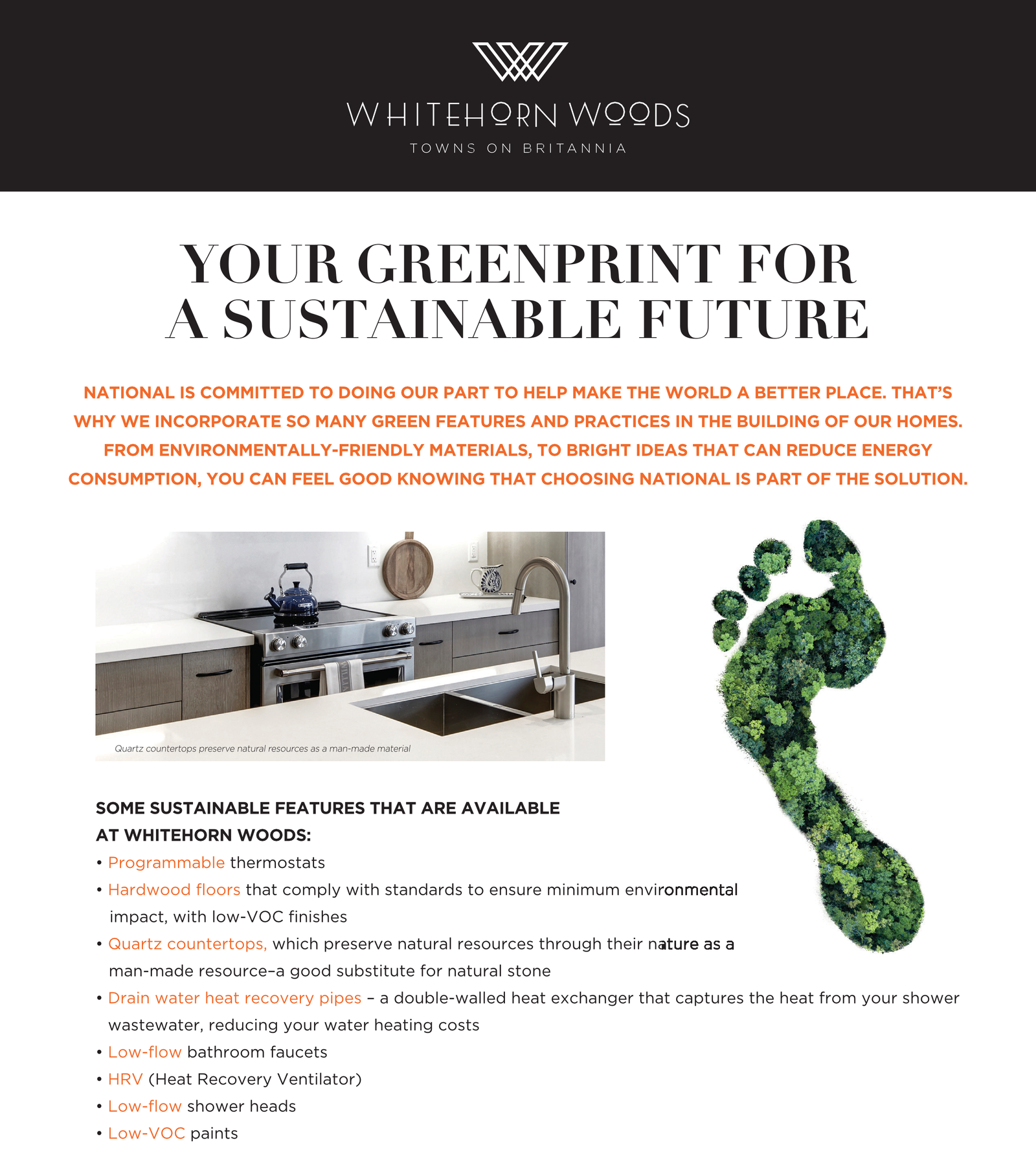 Promotional image for Whitehorn Woods featuring a green footprint and kitchen image. Title: "Your Greenprint for a Sustainable Future." Text highlights sustainable features, including programmable thermostats and hardwood floors, in these new homes in Toronto.
