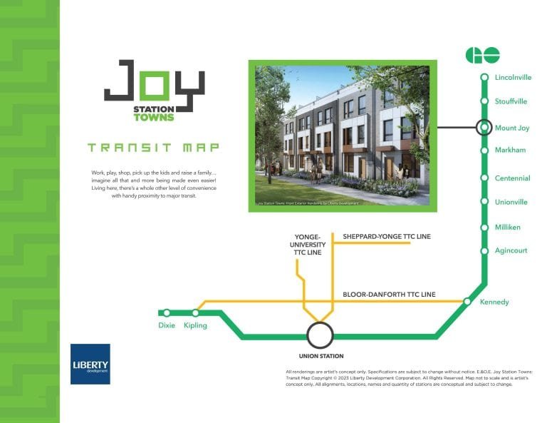 The transit map for Joy Station Towns is displayed, tracing lines from Kipling to Lincolnville and Kennedy. The image features a rendering of modern townhomes and promotional text, with the Liberty Development logo in the bottom left corner.