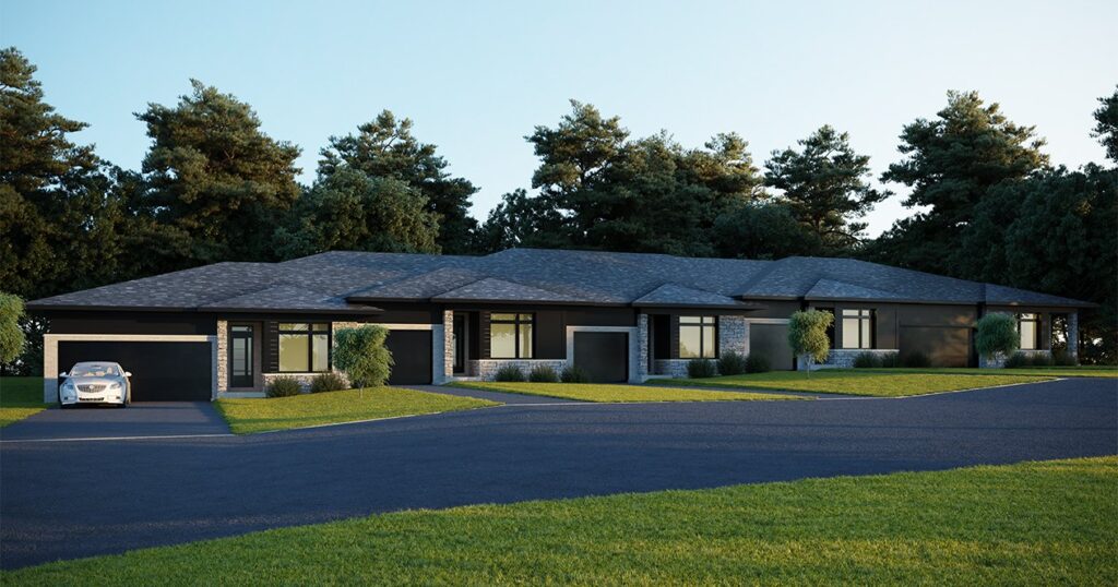 A modern, single-story house with a dark exterior, large windows, and a two-car garage exemplifies the elegance of new homes in Muskoka. Surrounded by a manicured lawn and trees under a clear blue sky, it offers serene living at its finest.