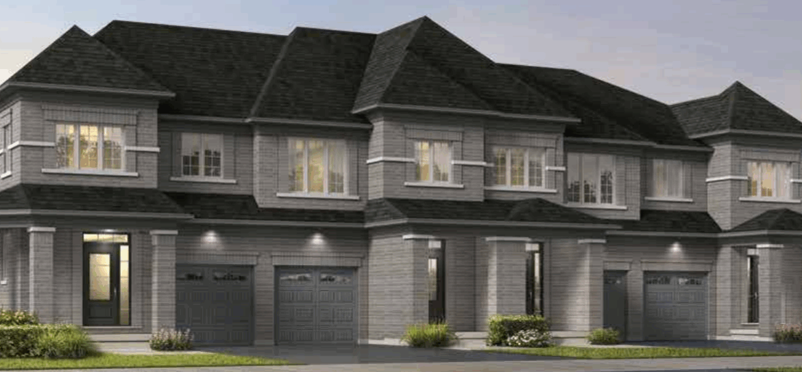 Discover the charm of modern townhouses with multiple units, each boasting two stories, large windows, and attached garages. Featuring a stylish gray brick exterior and small front lawns with minimal landscaping, these new homes in Brampton offer the perfect blend of comfort and style.