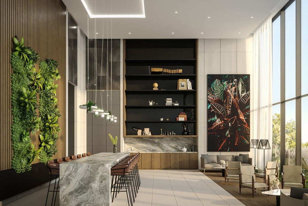 Discover this modern lounge in the new condos in Brampton, where high ceilings complement a marble bar top with stylish barstools. A vertical garden wall and large abstract artwork add flair, while tall windows flood the space with natural light. Enjoy seating areas adorned with chic decor.