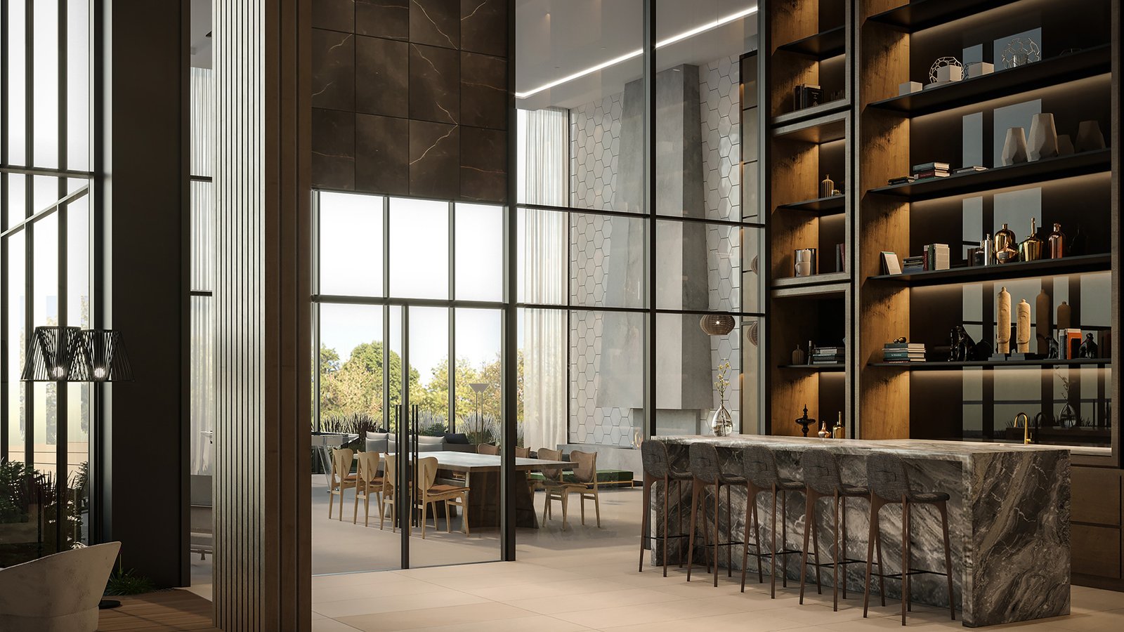 Discover luxurious modern interiors in new homes, featuring high ceilings and large windows. The space includes a marble kitchen island with bar stools and open shelving adorned with decorative items. A bright dining area with a table and chairs completes this elegant setting, enhanced by abundant natural light.