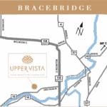 Map of Bracebridge featuring Upper Vista condos marked with a gold plaque. Illustrated roads include 118 West, 37, and 42, with nearby rivers shown in blue. Upper Vista is labeled as "Luxury Homes on the Muskoka River.